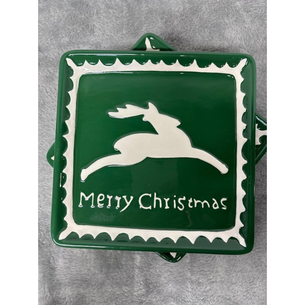 Ceramic Green Square Dessert Plate Reindeer Merry Christmas Holiday Rudolph - 6